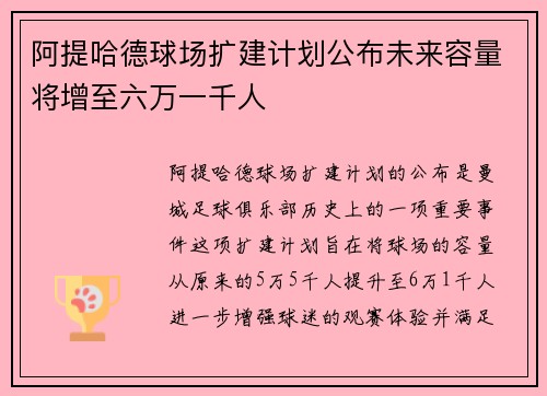 阿提哈德球场扩建计划公布未来容量将增至六万一千人
